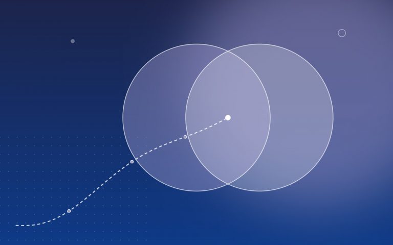 Abstract illustration of two overlapping circles joined by a path, representing linked educational and vocational identity